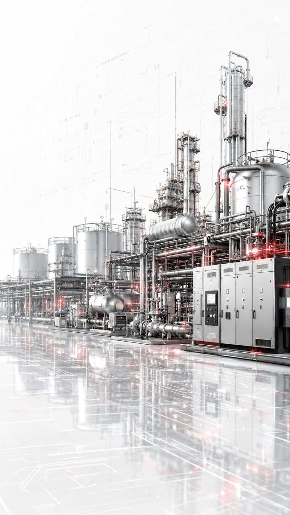 A process plant with columns, pipe bridges and vessels.