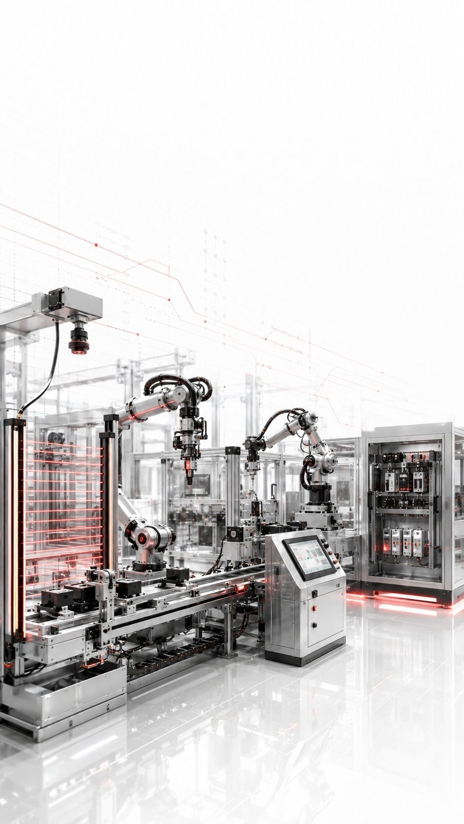 A robot cell with several articulated robots along a conveyor.