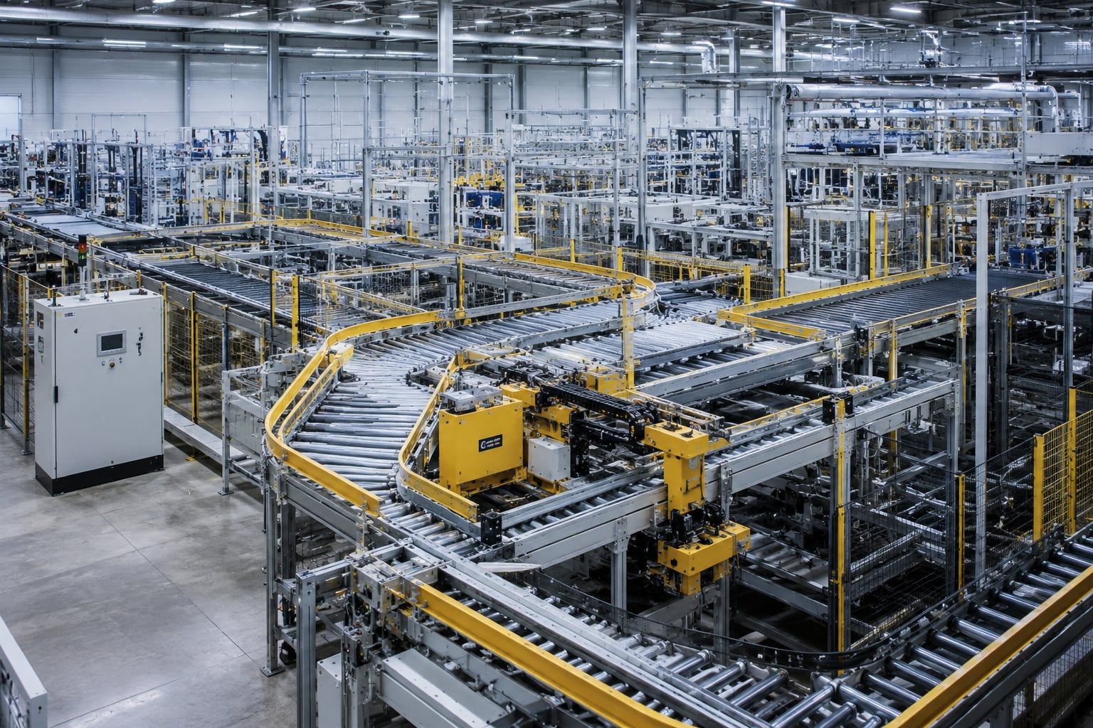 Hochautomatisierte Förderanlage mit Rollenbahnen und gelben Umsetzern in einer Produktionshalle