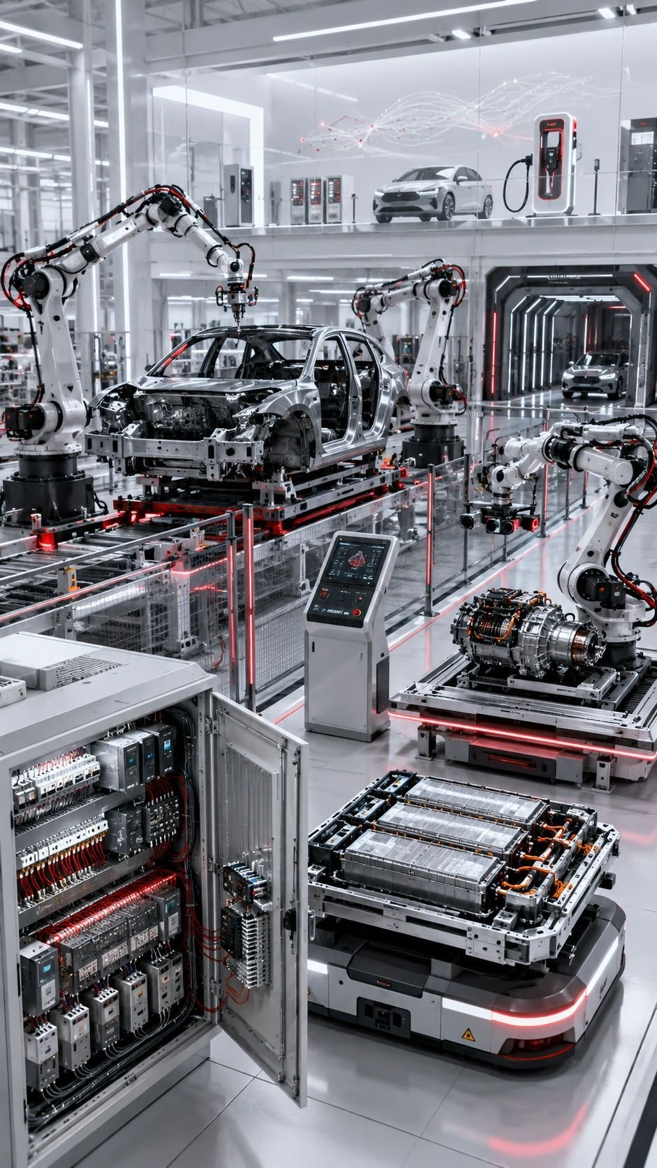 Vehicle production with a body on the line, robots, battery modules and an open control cabinet.