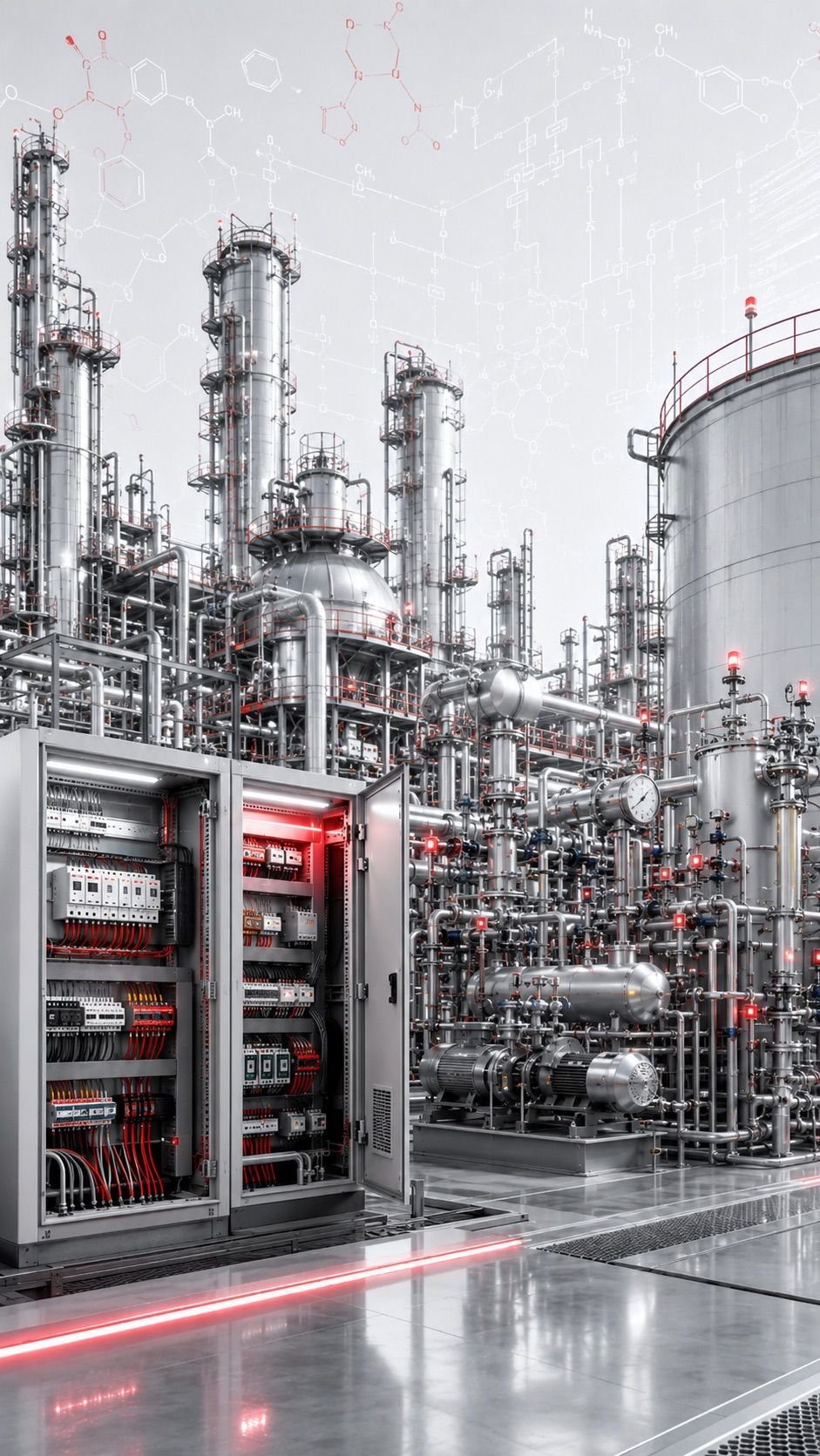 Petrochemical plant with distillation columns, pipe bridges and an open control cabinet in the foreground.