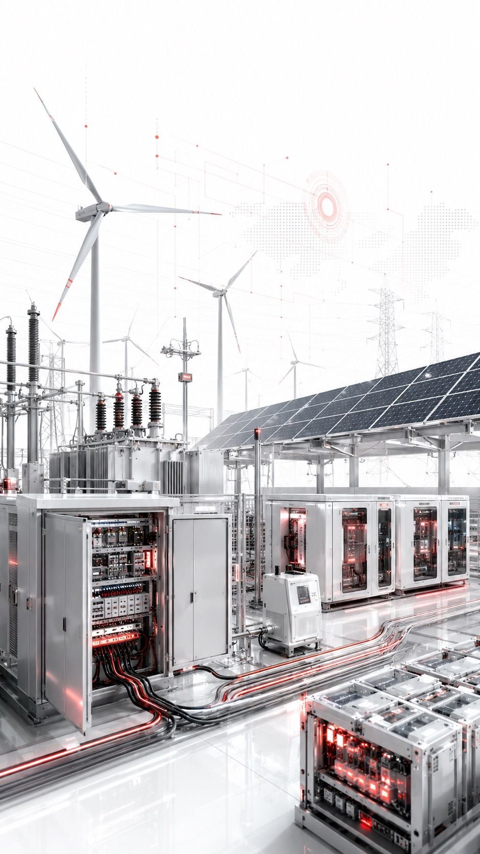 Substation with transformer, wind turbines, a photovoltaic roof and a row of control cabinets.
