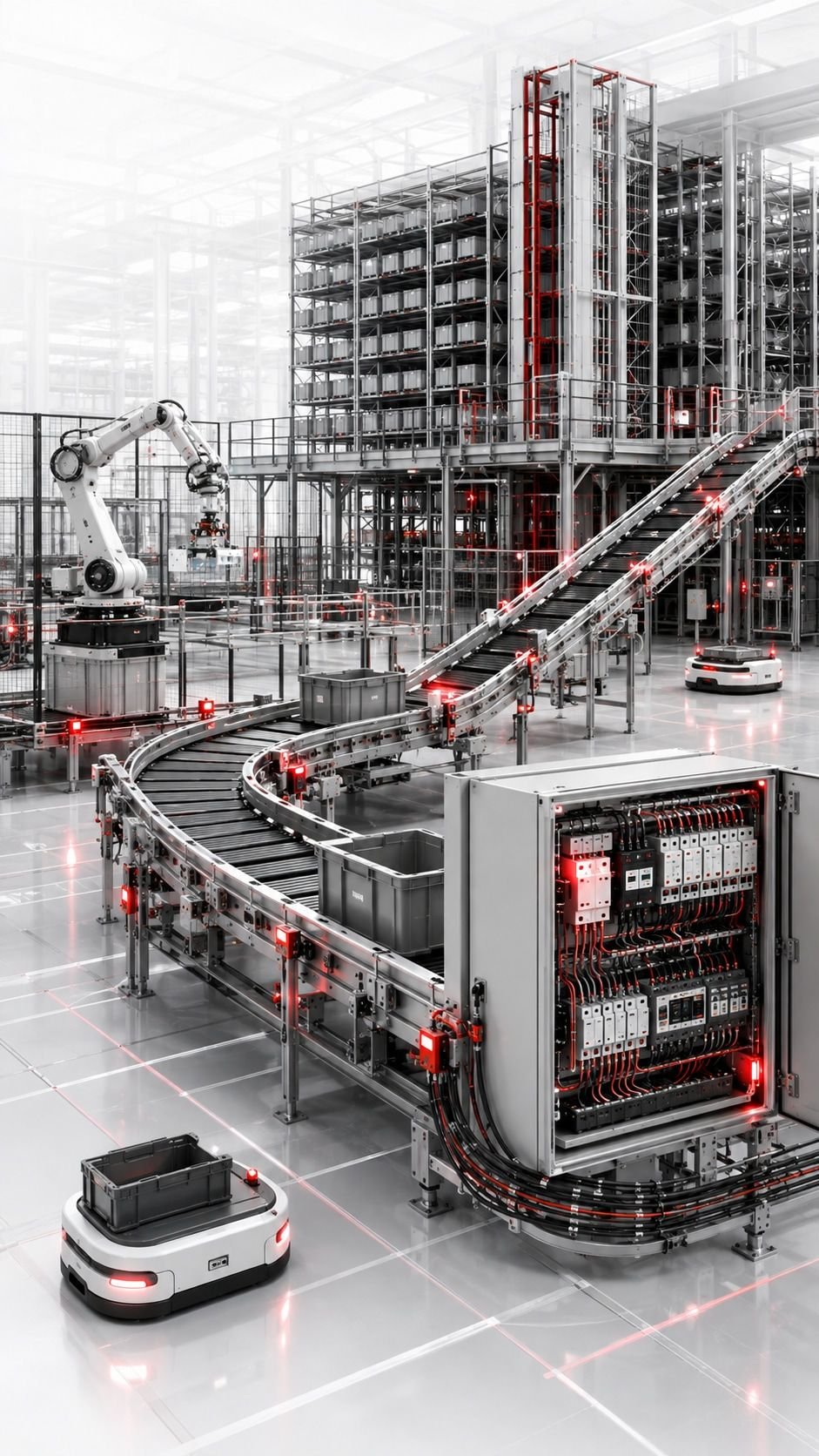 Stacker cranes and conveyors in an automated warehouse.
