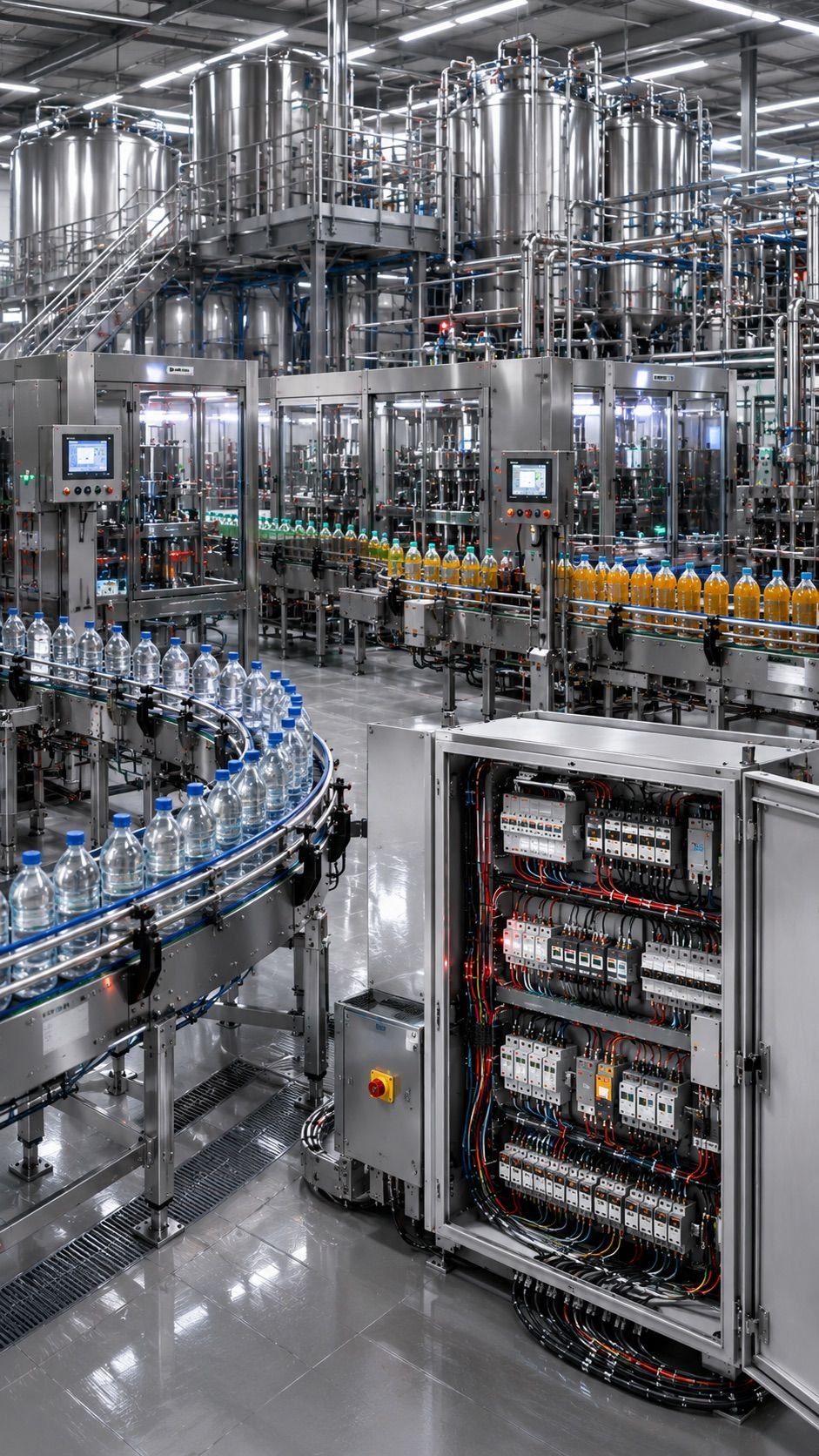 Filling line with bottles on conveyors, process tanks and an open control cabinet.