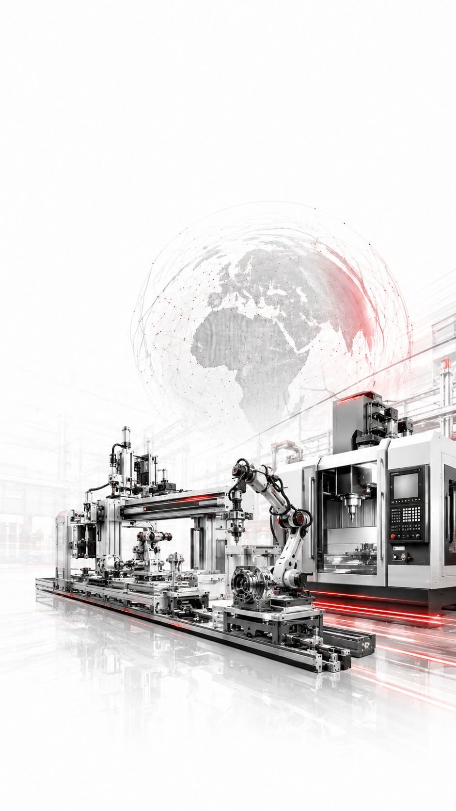 An assembly line with a gantry axis, articulated robots and a machining centre, a plant hall behind.