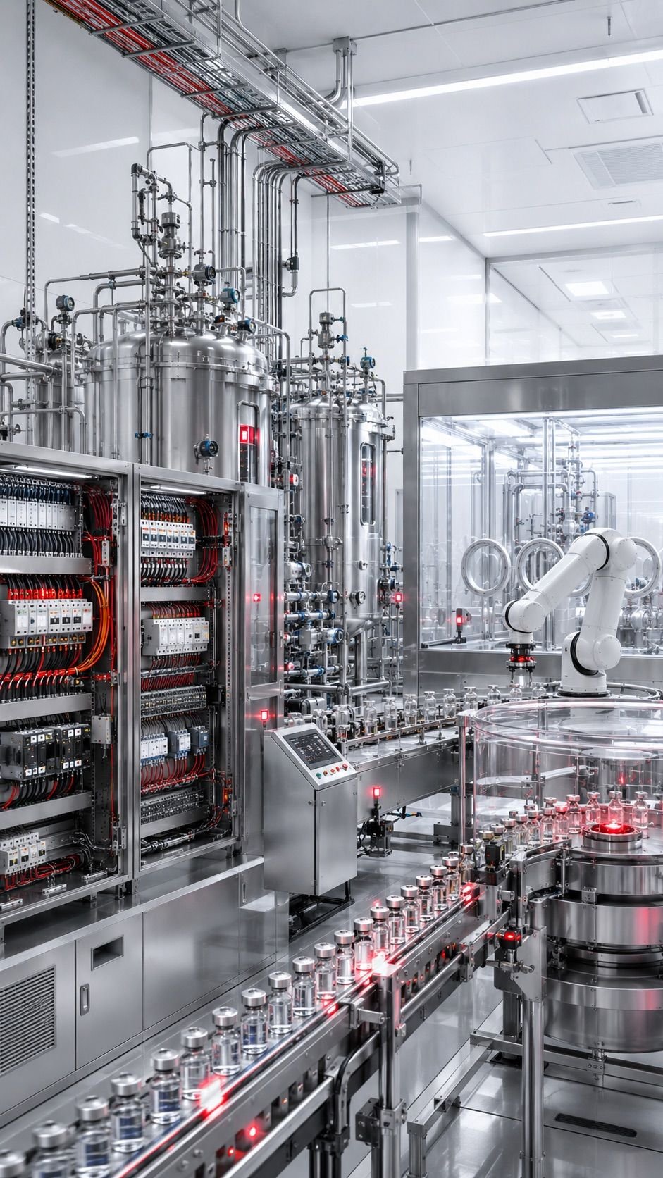 Cleanroom production with process vessels, a vial filling line and a robot arm behind glass.