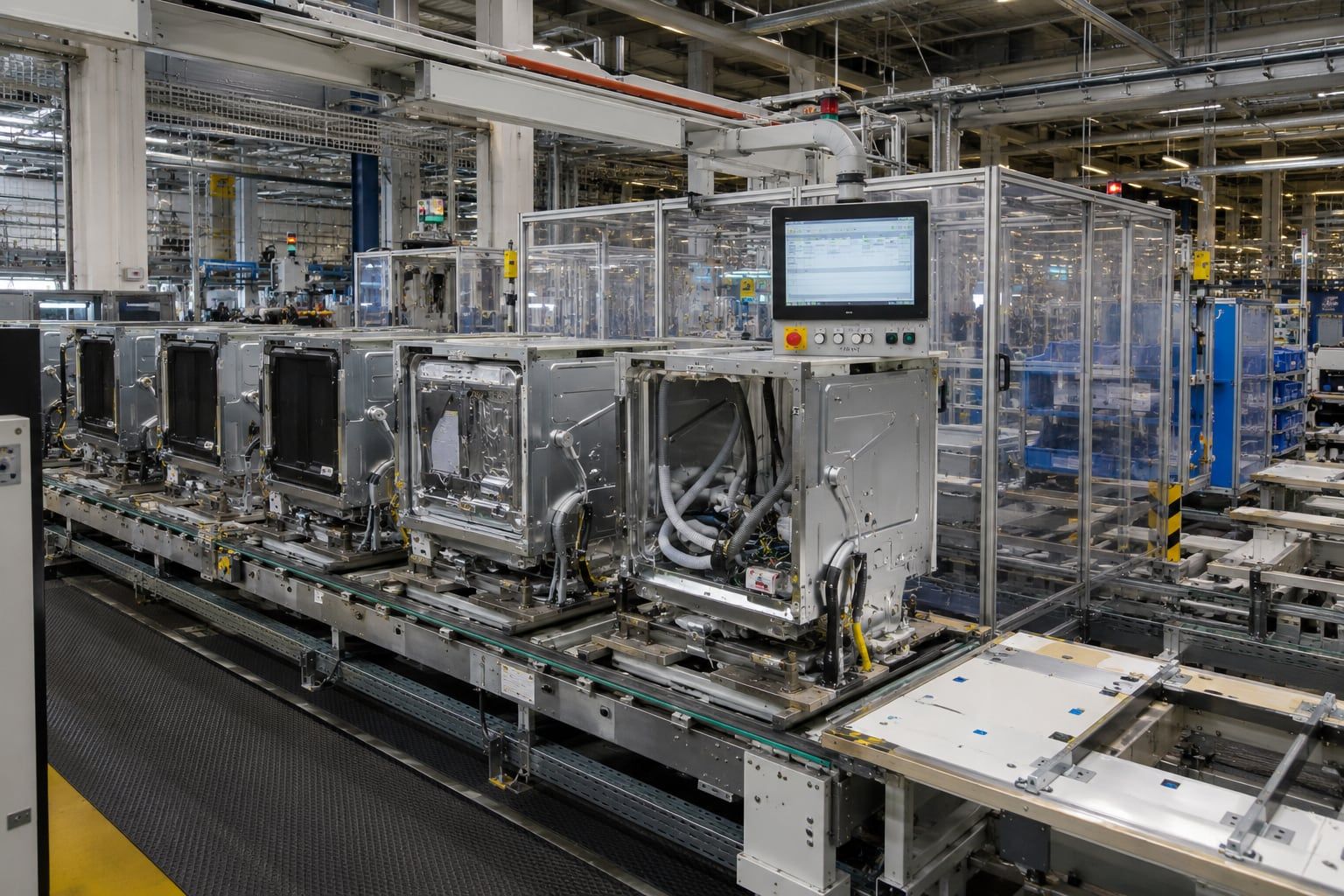 Automatisierte Fertigungslinie für Hausgeräte mit Schutzeinhausungen und Bedienterminal