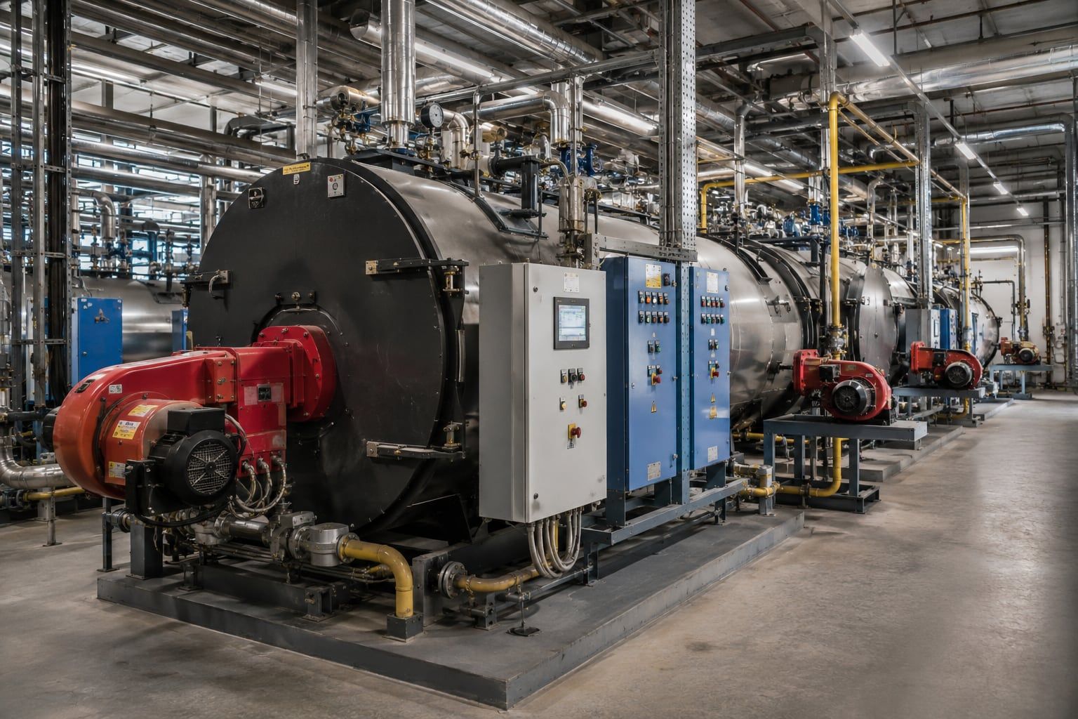 Kesselanlage mit Brennern, Rohrleitungen und Steuerungsschränken in einer Heizzentrale