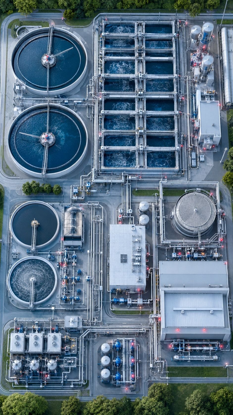 Aerial view of a wastewater treatment plant with circular clarifiers, aeration basins and operating buildings.
